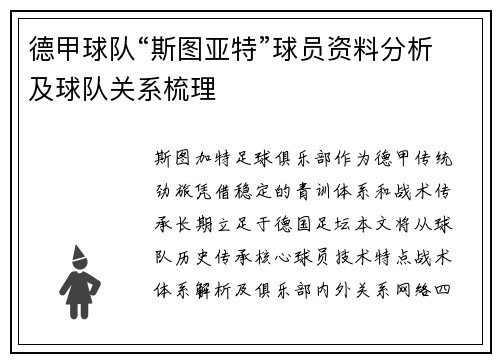 德甲球队“斯图亚特”球员资料分析及球队关系梳理
